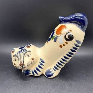 Mexico Tonala Pottery Teal Playful Cat Figurine Hand Painted Folk Art Signed 5"